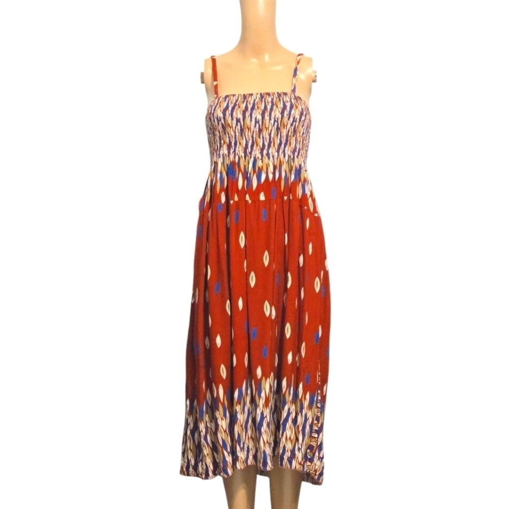Tropiko Smocked Tropical Patterned Summer Midi Dress Small